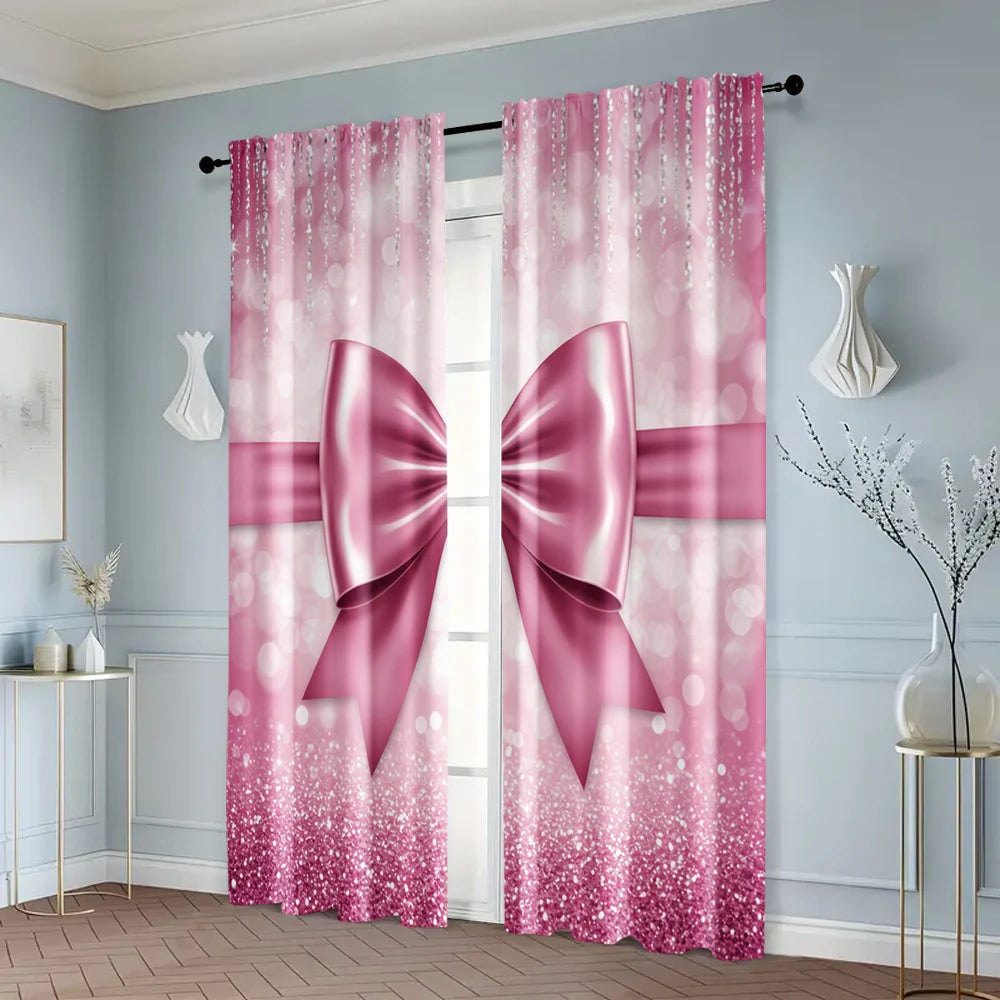 Pink Bow Print Polyester Curtains (2pc)