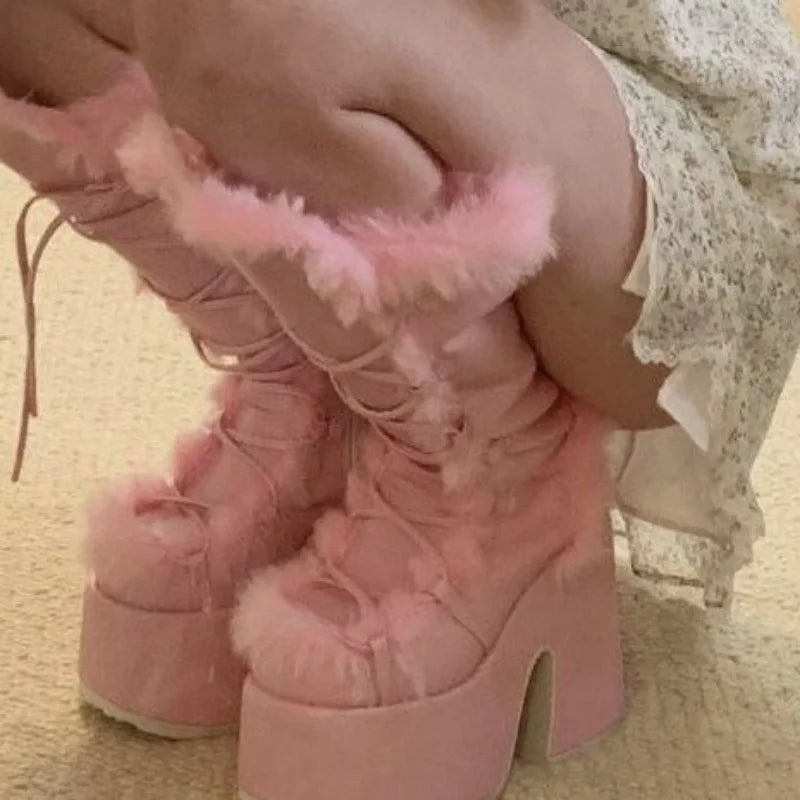 Pink Furry Platform Chunky High Heel Boots