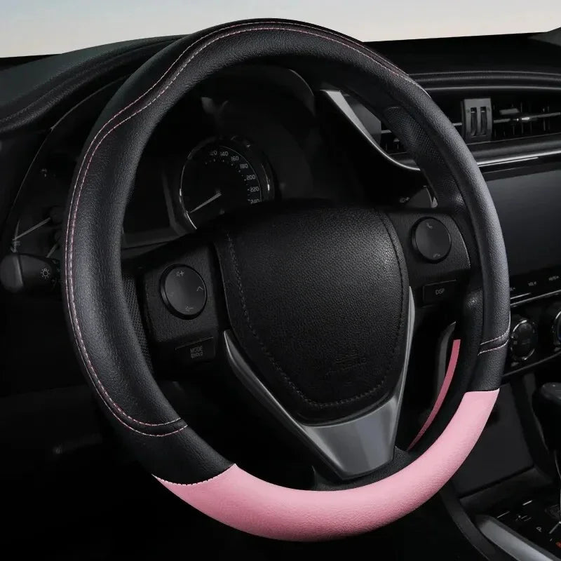 Pink & Black PU Leather Steering Wheel Cover