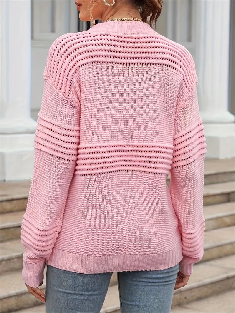 Pink Hollow Stripe Loose Knit Pullover