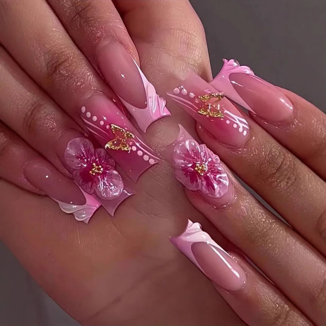24pcs Pink French, Floral, and 3D Charm Press-On Nails