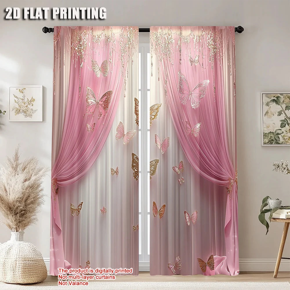 Pink Decorative Art Style Window Curtains (2Pcs)