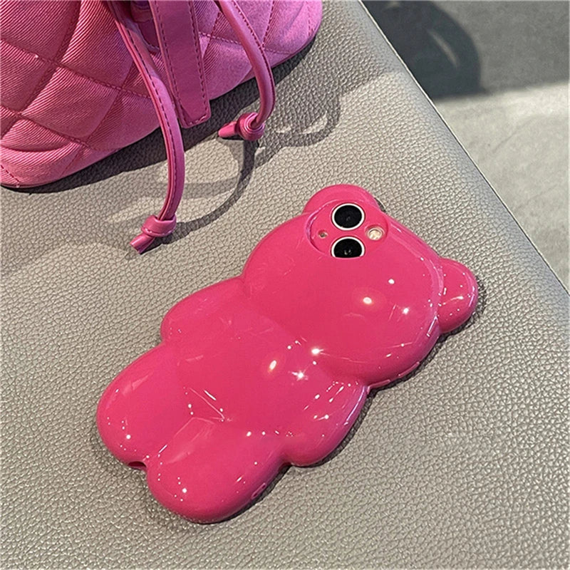 Pink 3D Cartoon Bear iPhone Case