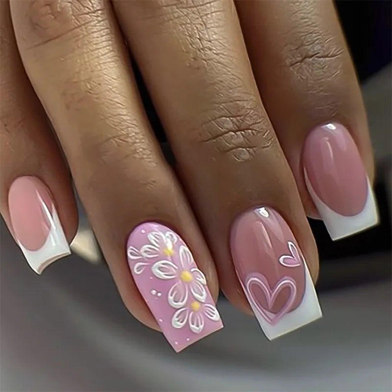 Pink French White Flower Press-On Nails