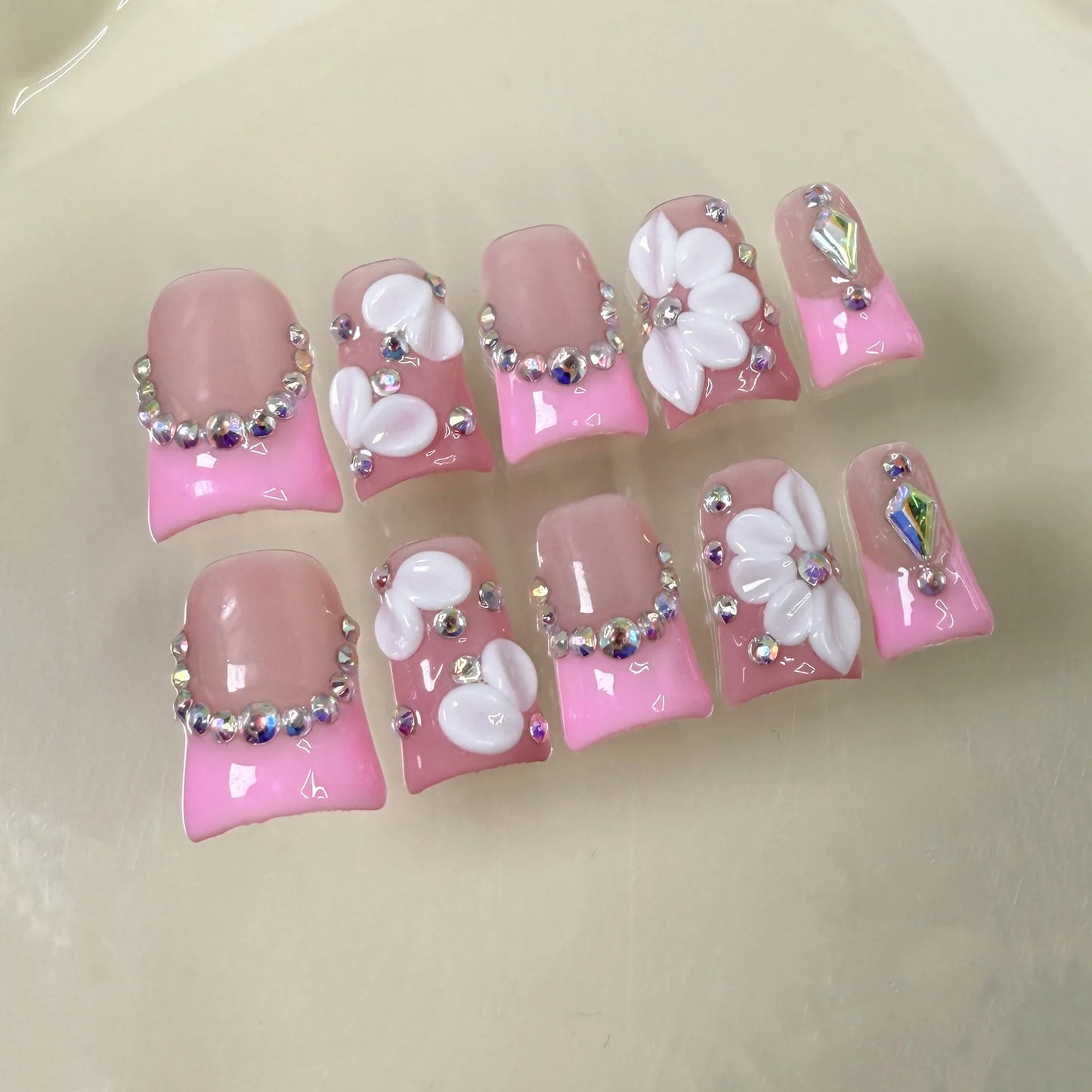 Pink Duckbill French Rhinestone Press-On Nails