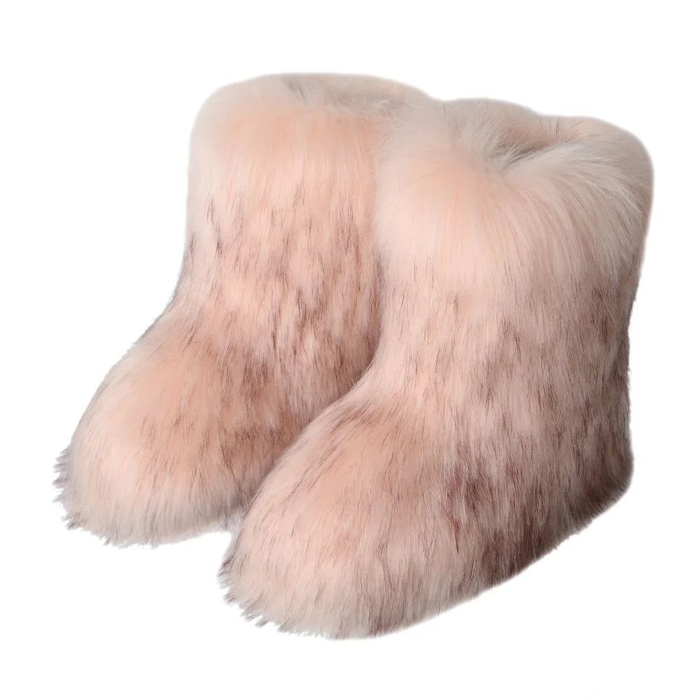 Faux Raccoon Fur Mid-Leg Snow Boots