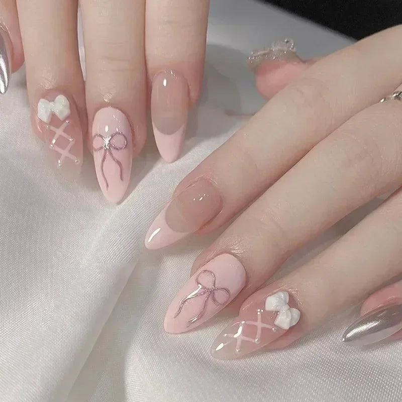24pcs Luxury Pink Nail Art Collection: 3D Charms & Soft Gel Tips
