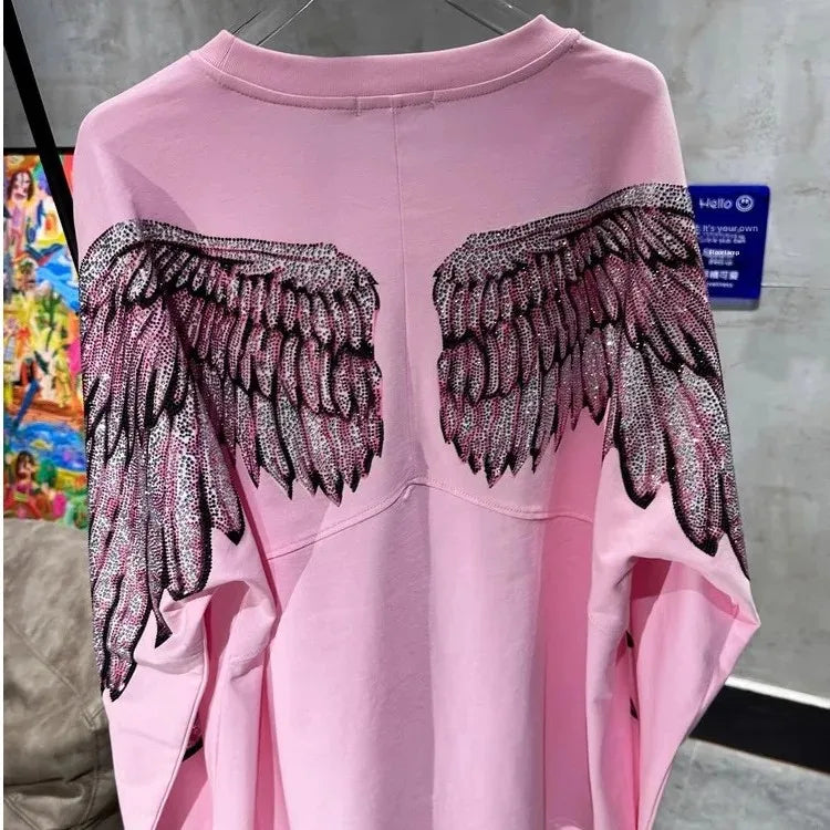 Plus Size Pink Rhinestone Dinosaur Long Sleeve Tee