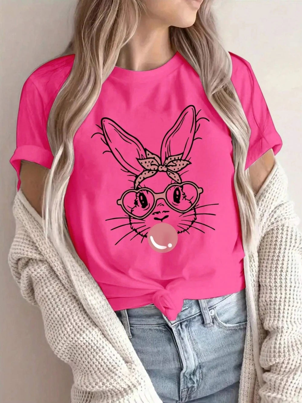 Pink Rabbit Blowing Bubble Oversized T-Shirt