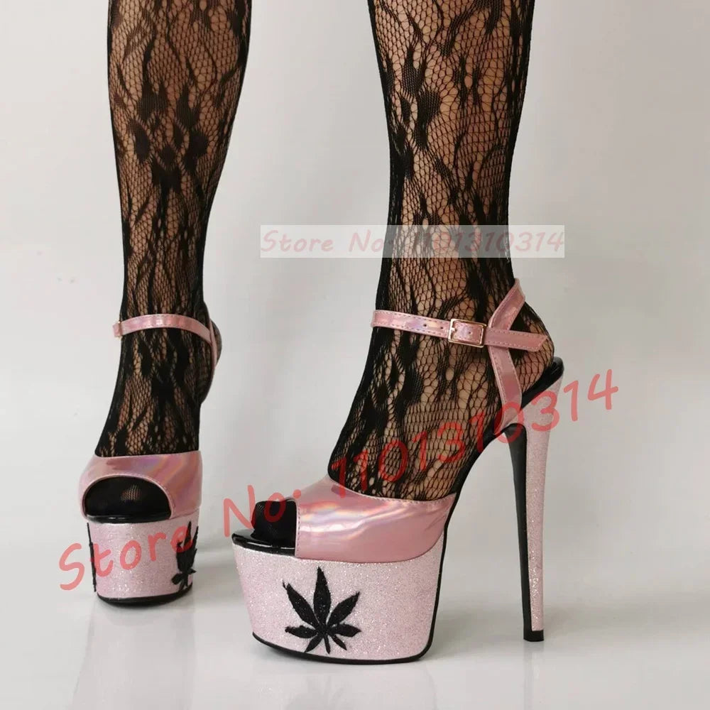 Pink Maple Leaf Glitter Platform Sandals
