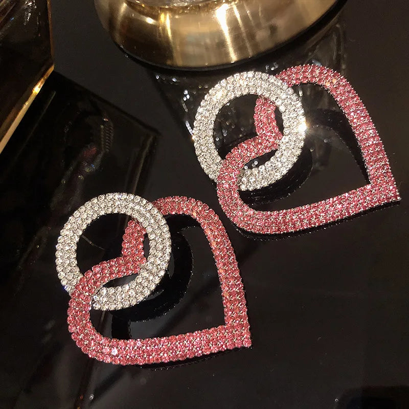 Pink Heart Crystal Statement Earrings