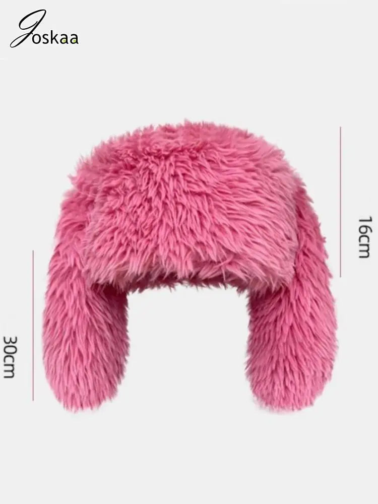 Pink Cute Rabbit Eared Plush Bomber Hat