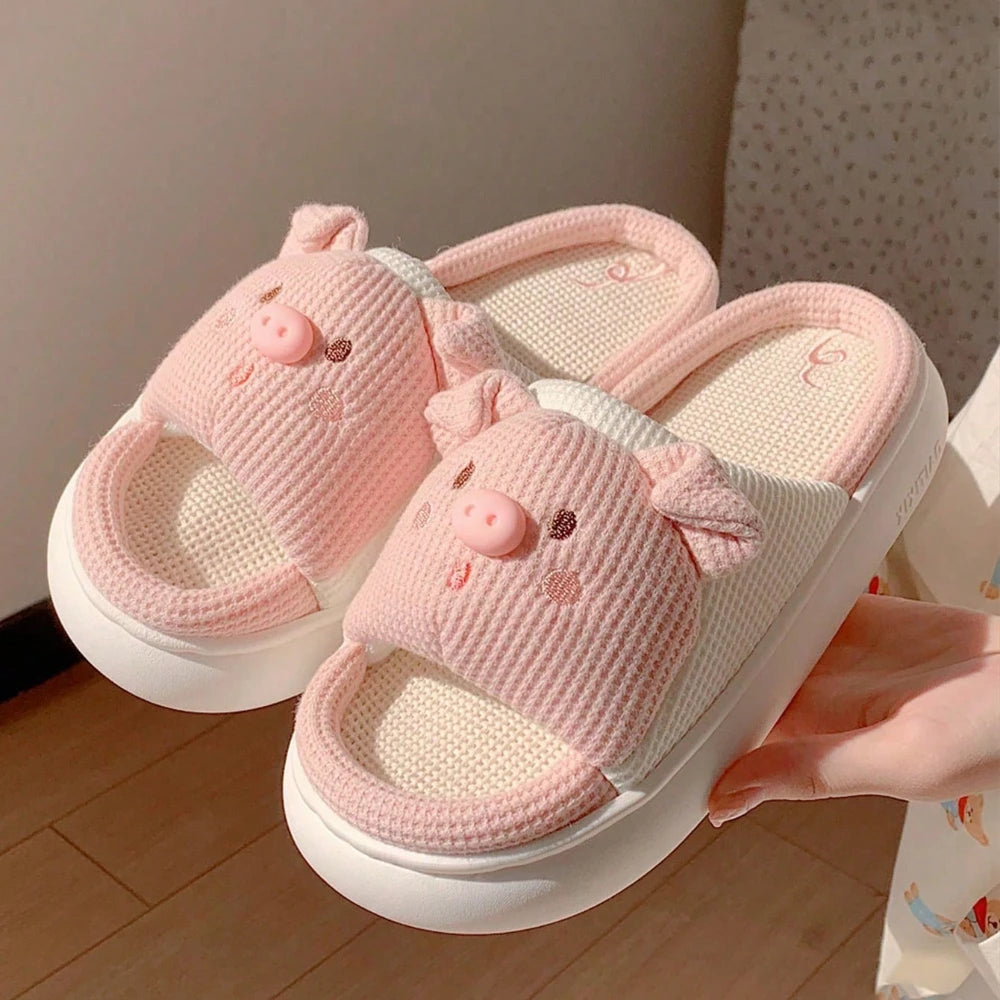 Pink Piggy Linen Slippers