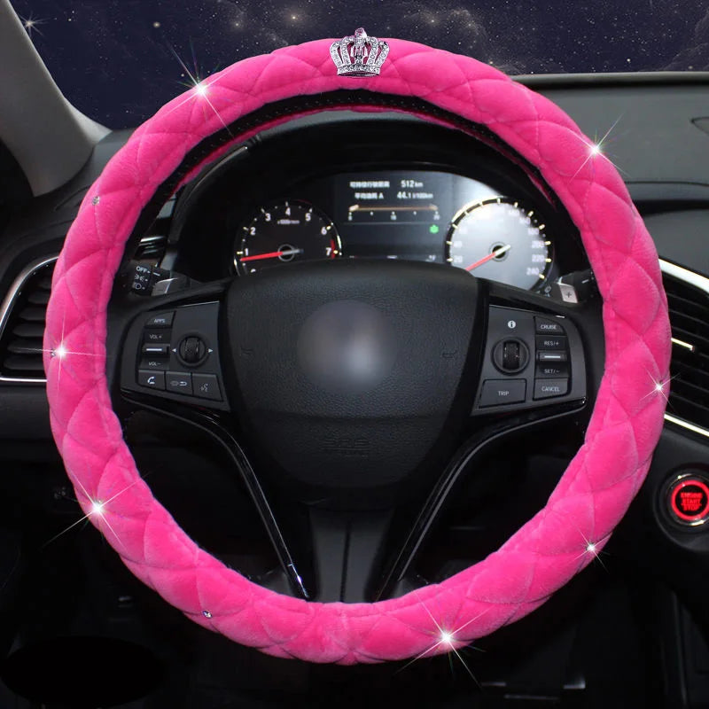 Pink Plush Diamond Crown Steering Wheel Cover