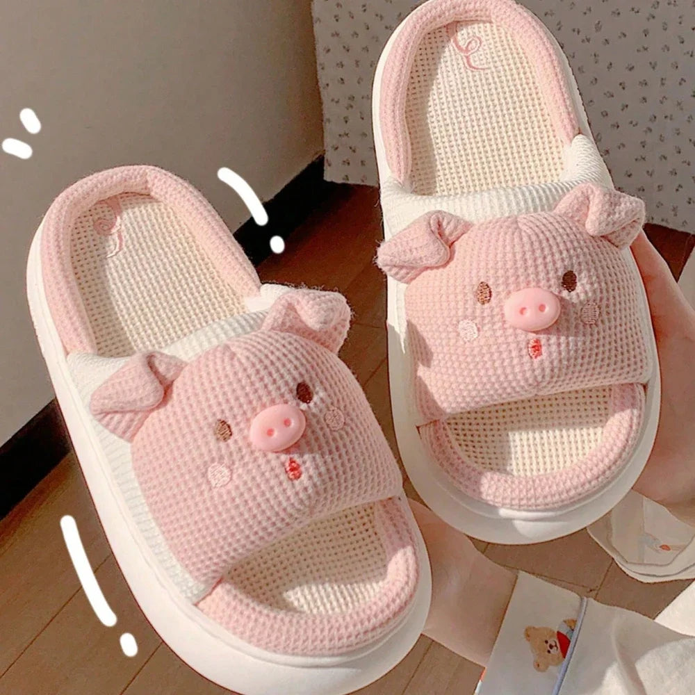 Pink Piggy Linen Slippers