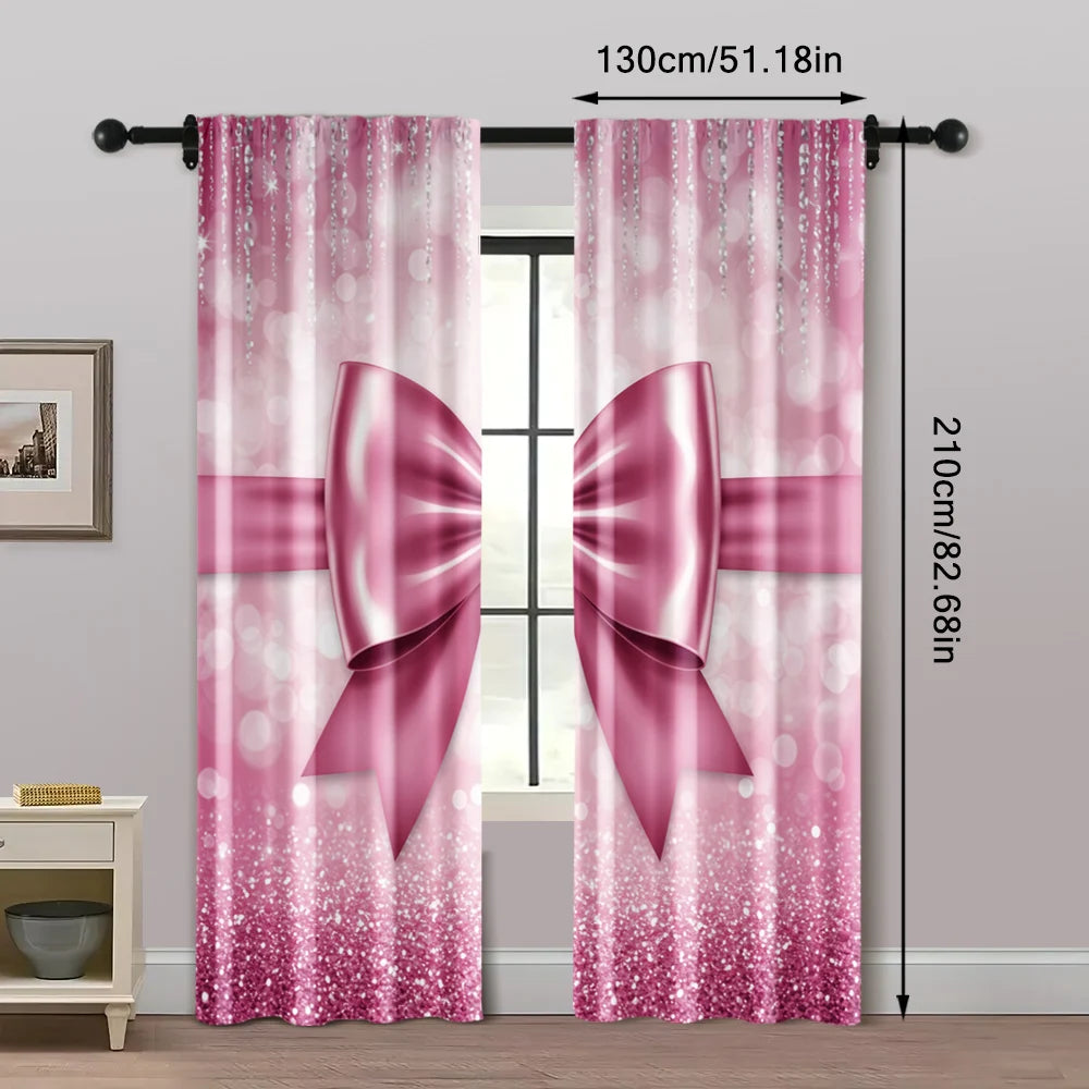 Pink Bow Print Polyester Curtains (2pc)