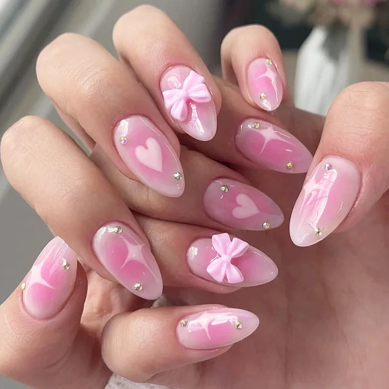 Blush Pink 3D Bow Almond Press-On Nails