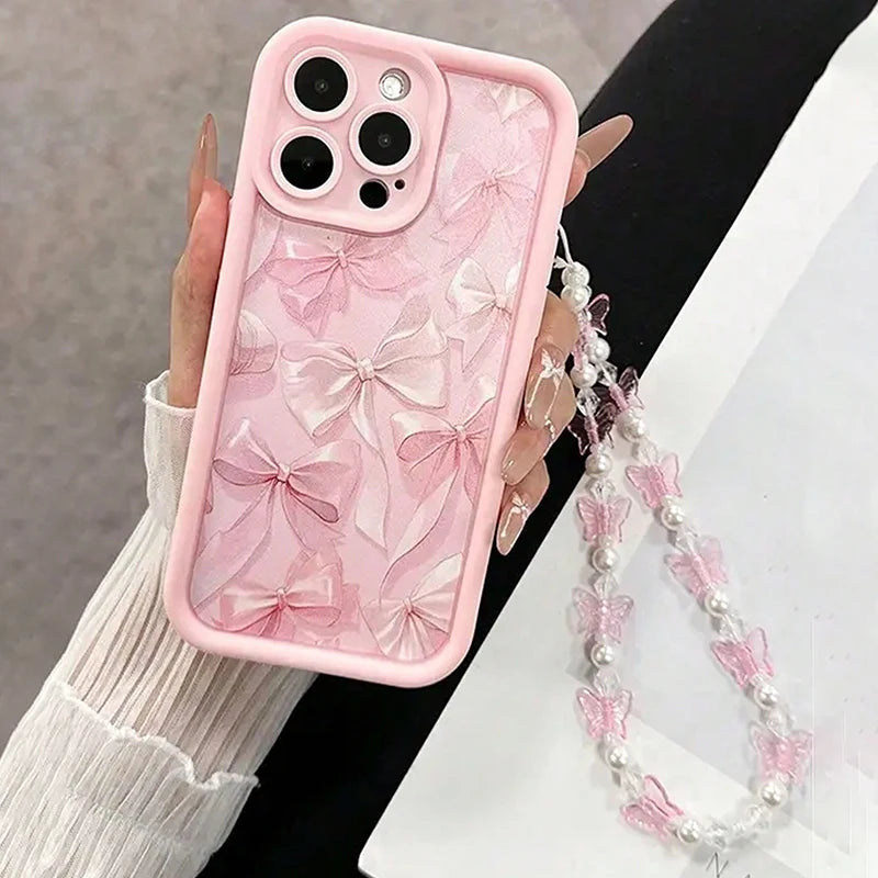 Pink Bow Pattern Butterfly Charm iPhone Case