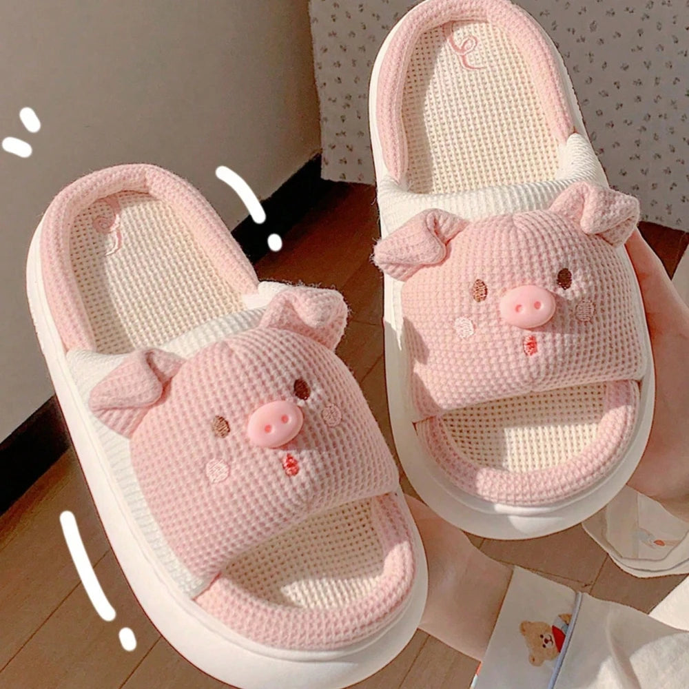 Pink Piggy Linen Slippers