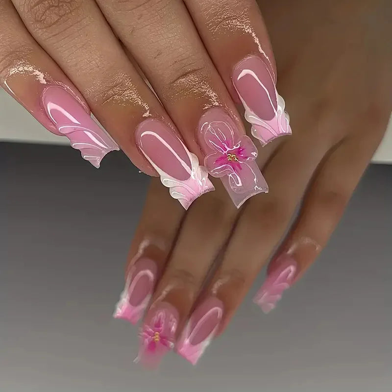 24pcs Pink French, Floral, and 3D Charm Press-On Nails