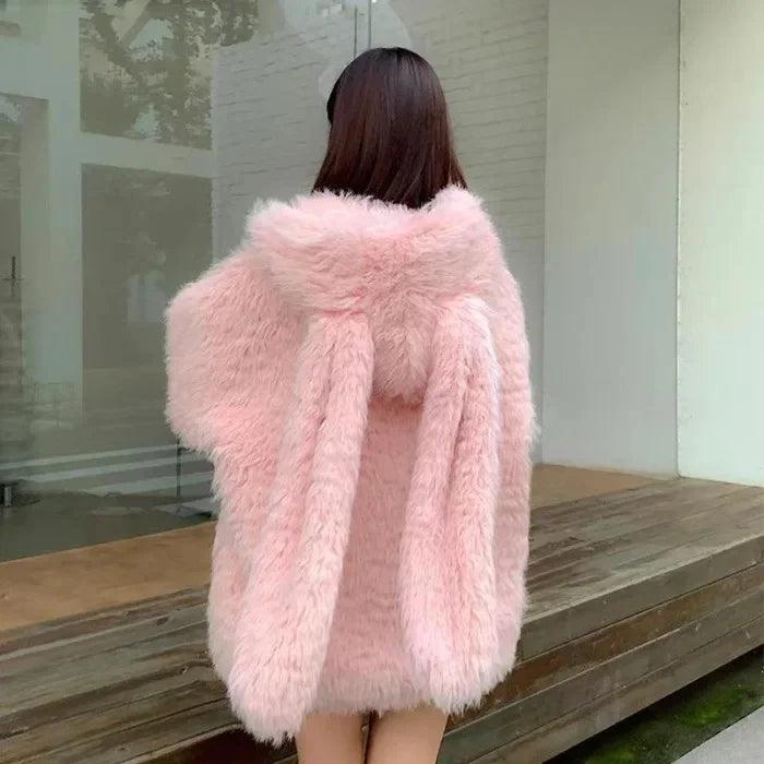Women's Fluffy Faux Lamb Fur Coat - Rabbit Ears Cute Jacket