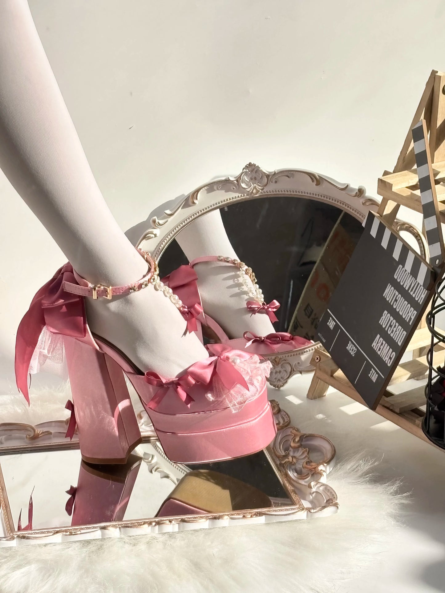 Pink Lolita Pearl Bow Platform Heels