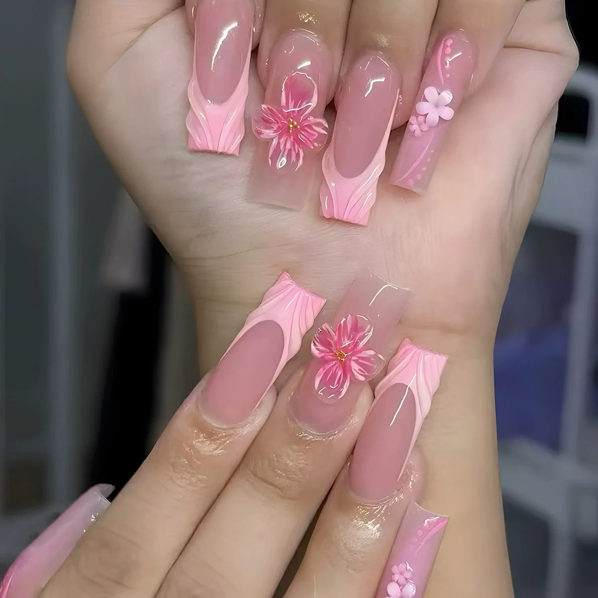 Pink 3D Flower & Butterfly Mega Charm Press-On Nails
