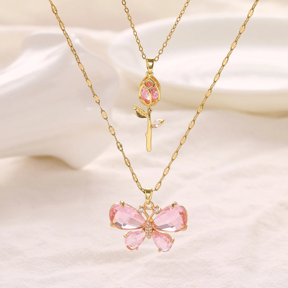Pink Butterfly Zircon Rose Necklace