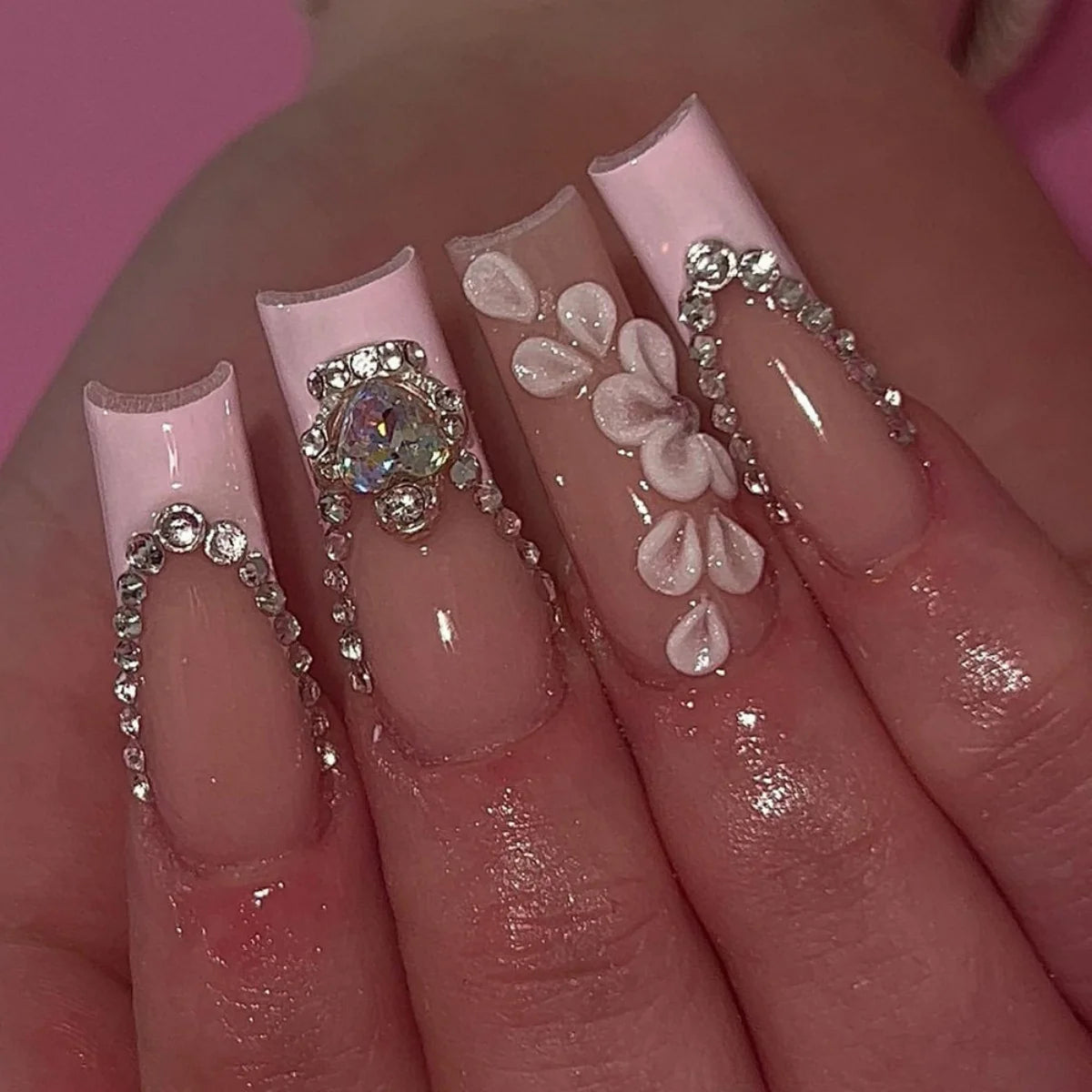 24pcs Pink French, Floral, and 3D Charm Press-On Nails