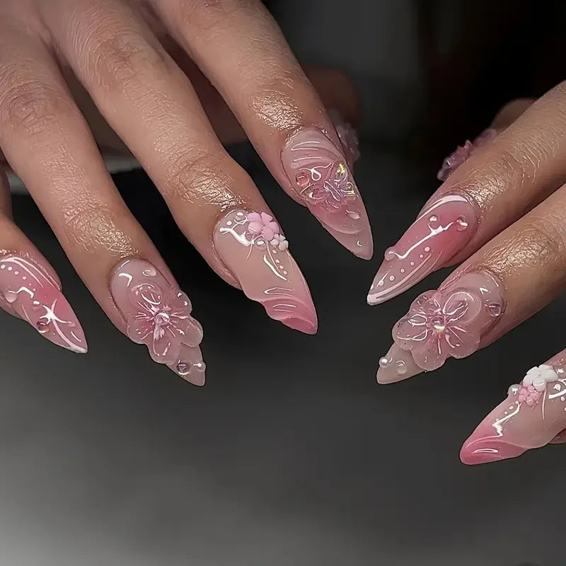 Pink Stiletto Flower & Drill Press-On Nail Set