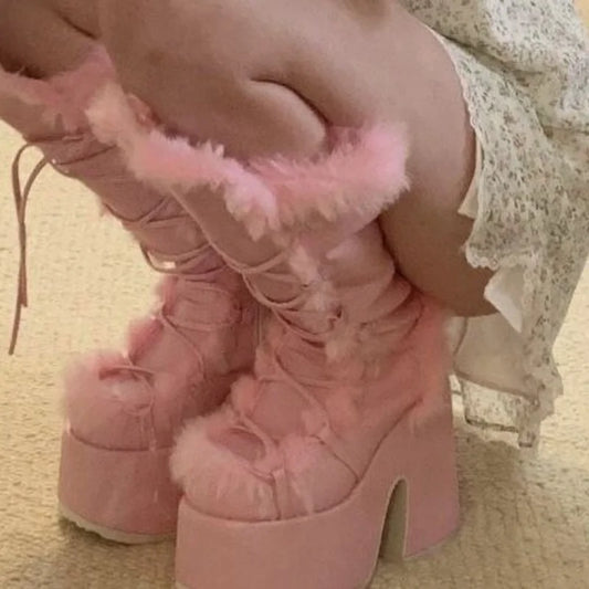 Pink Furry Platform Chunky High Heel Boots