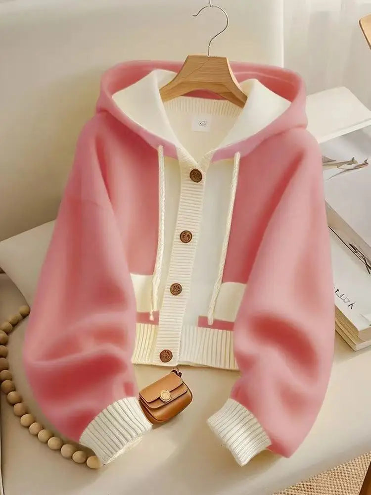 Pink Patchwork Wool Cashmere Hooded Cardigan