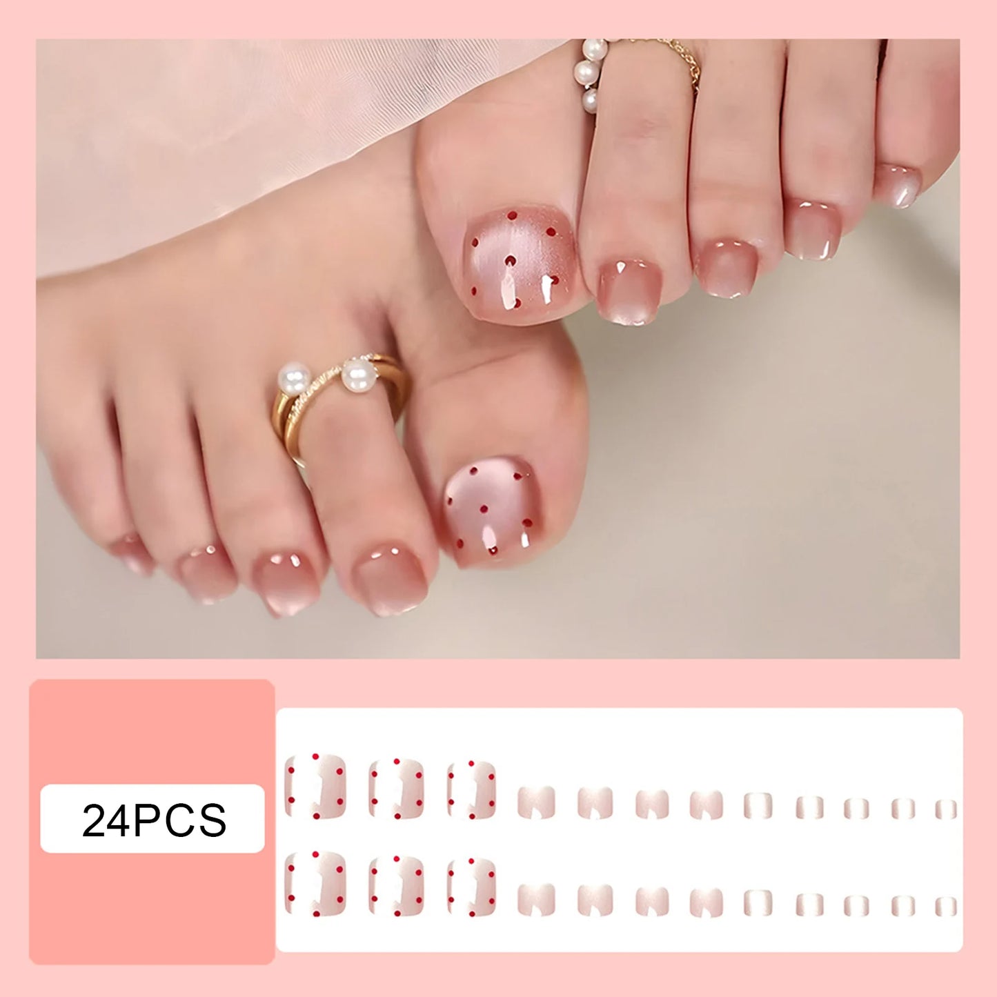 24pcs Sheer Nude Pink Polka Dot Press-On Toenails