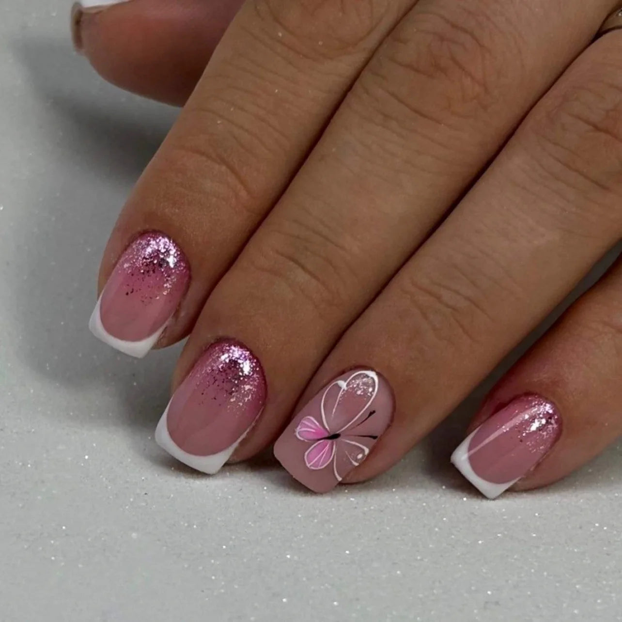 Pink French White Flower Press-On Nails