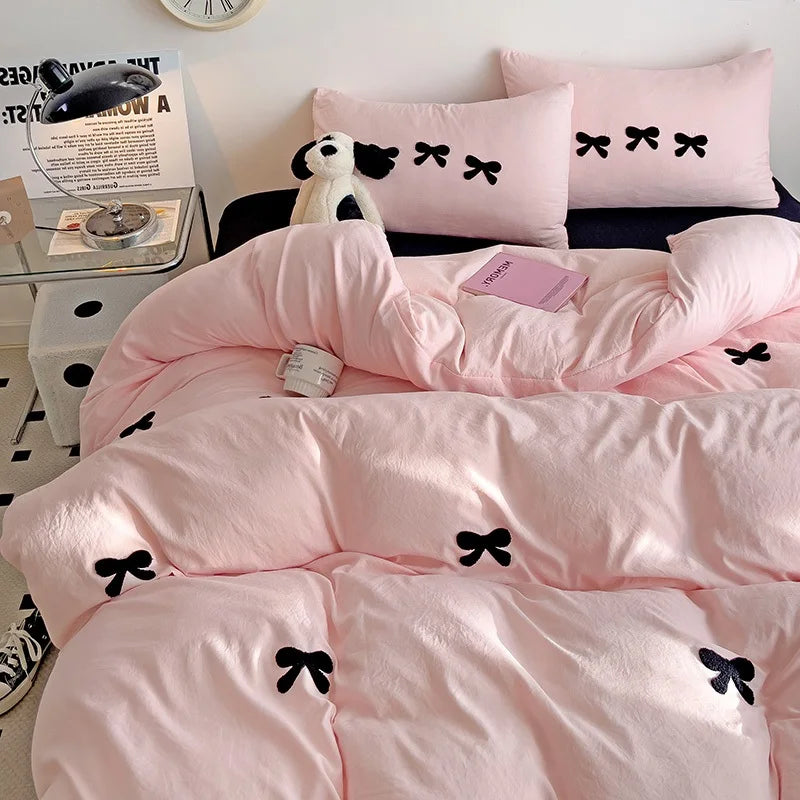 Pink Bow Embroidery Duvet Set