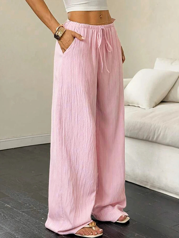 Pink Lace-up Slim Trousers
