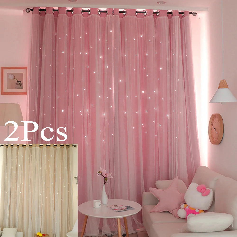 Pink Star Blackout & Tulle Double Layer Curtains