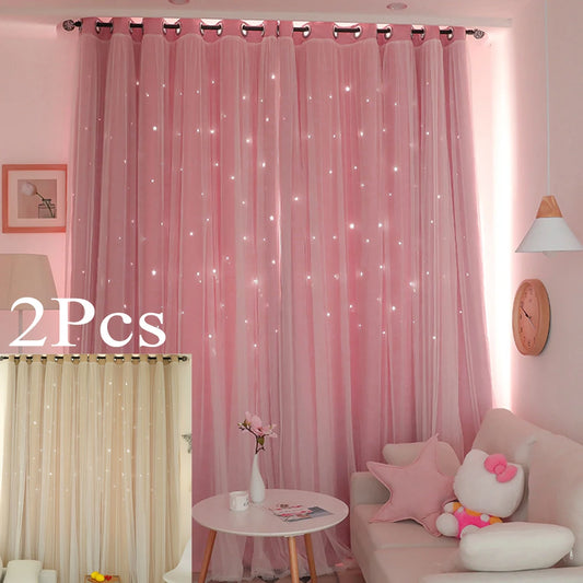 Pink Star Blackout & Tulle Double Layer Curtains
