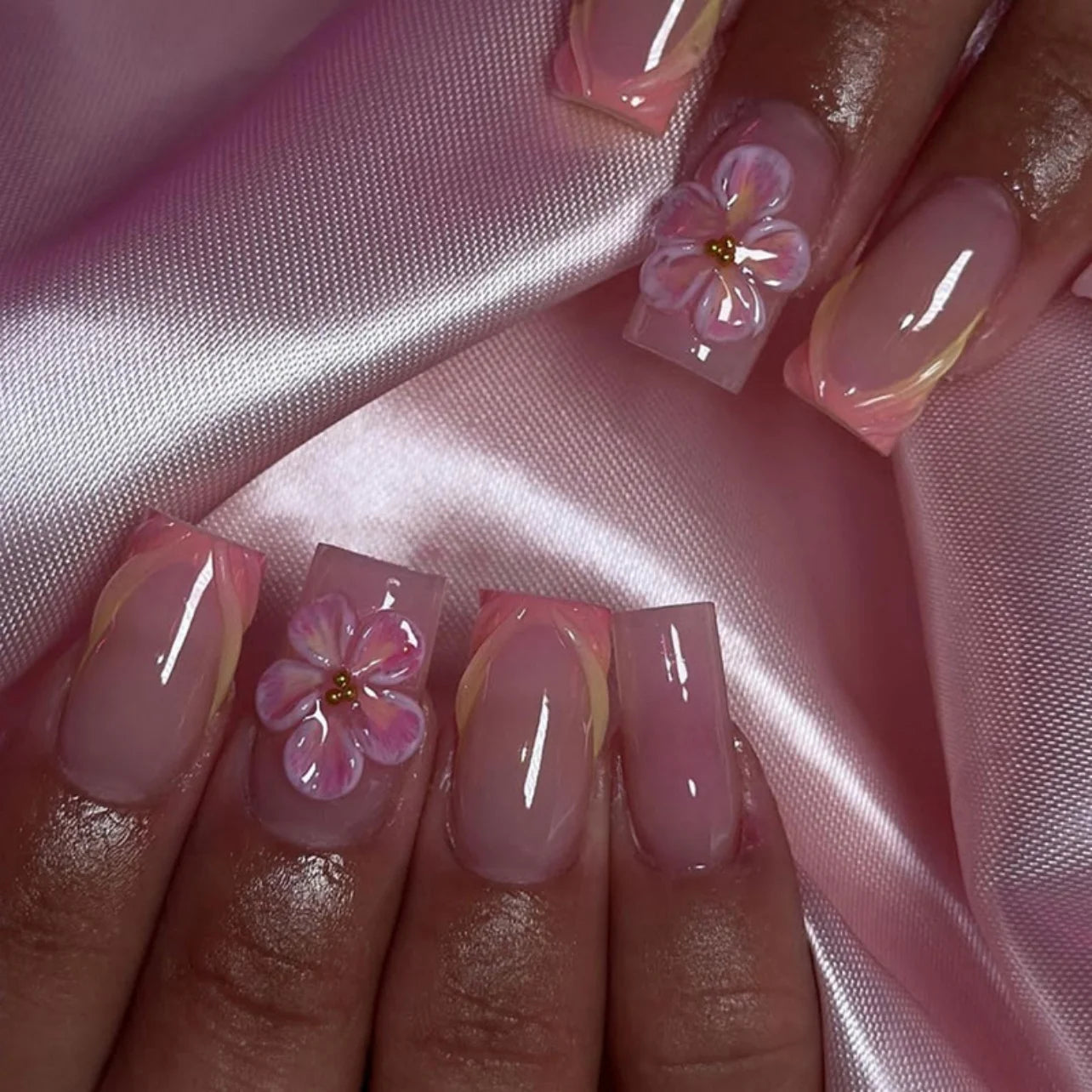24pcs Pink French, Floral, and 3D Charm Press-On Nails