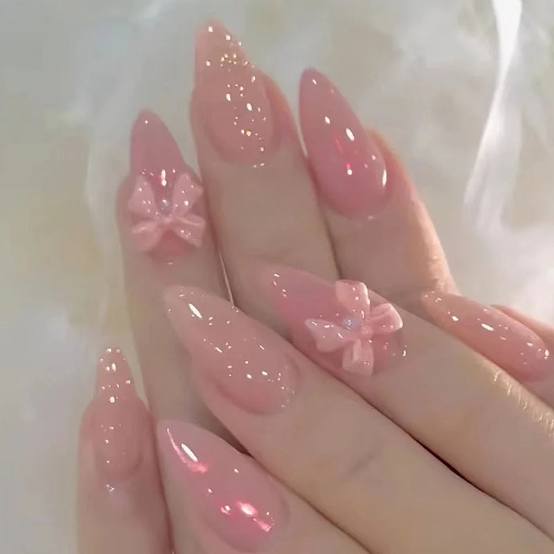 Blush Pink 3D Bow Almond Press-On Nails
