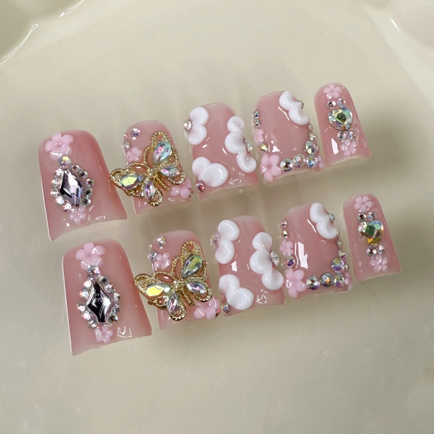 Pink Duckbill French Rhinestone Press-On Nails