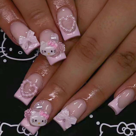 Pink Hello Kitty French Cartoon Press-On Nails