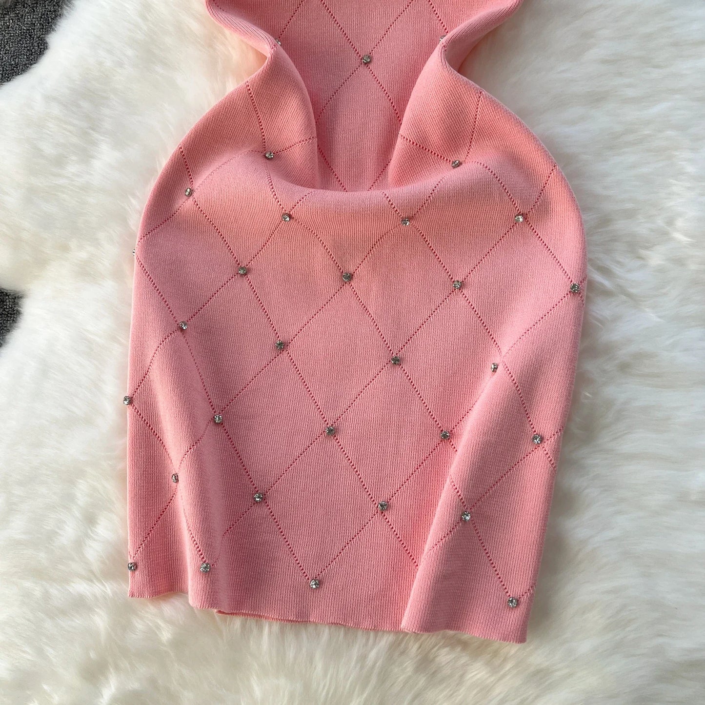 Pink Beading Knit Bodycon Mini Dress