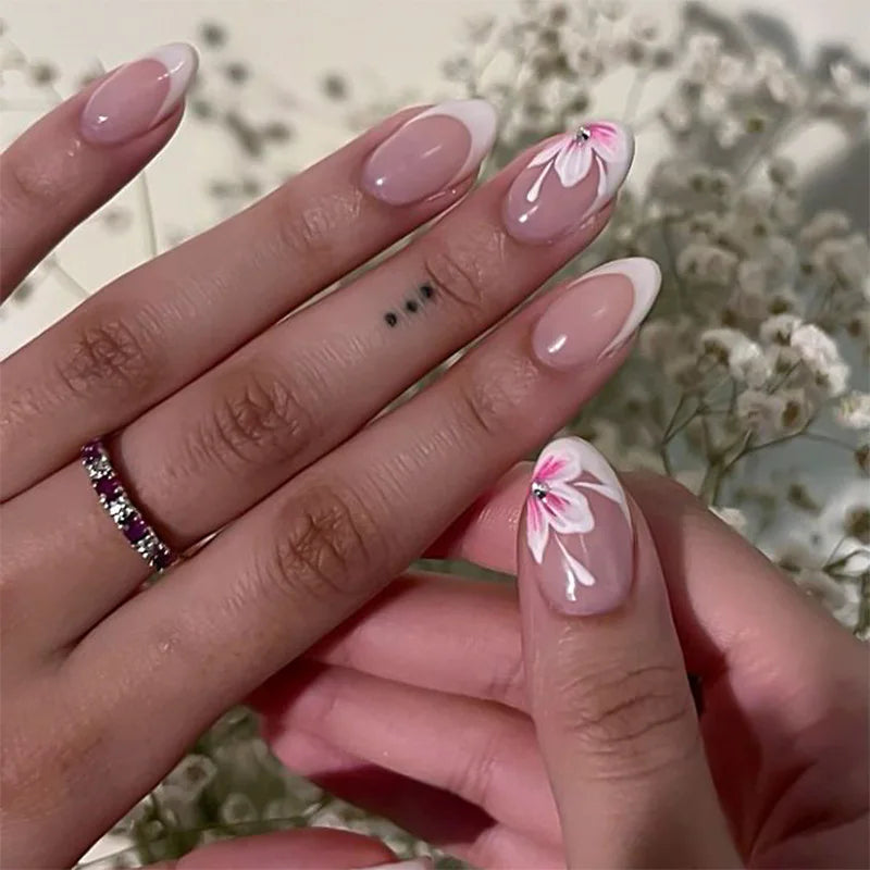 Pink French White Flower Press-On Nails