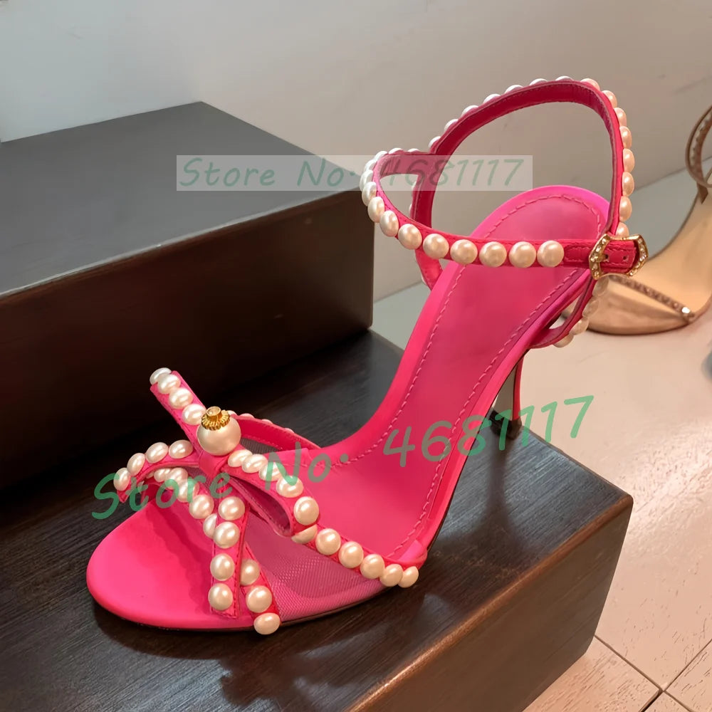 Pink Pearl Bow Satin Stiletto Sandals