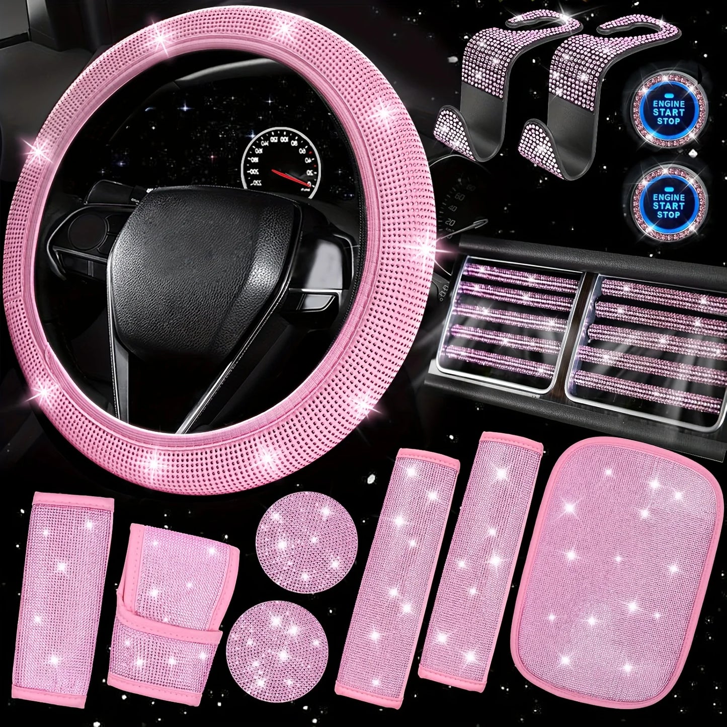 22 PCS Pink Bling Car Accessories Set