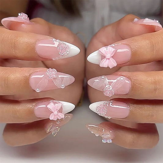 Blush Pink 3D Bow Almond Press-On Nails