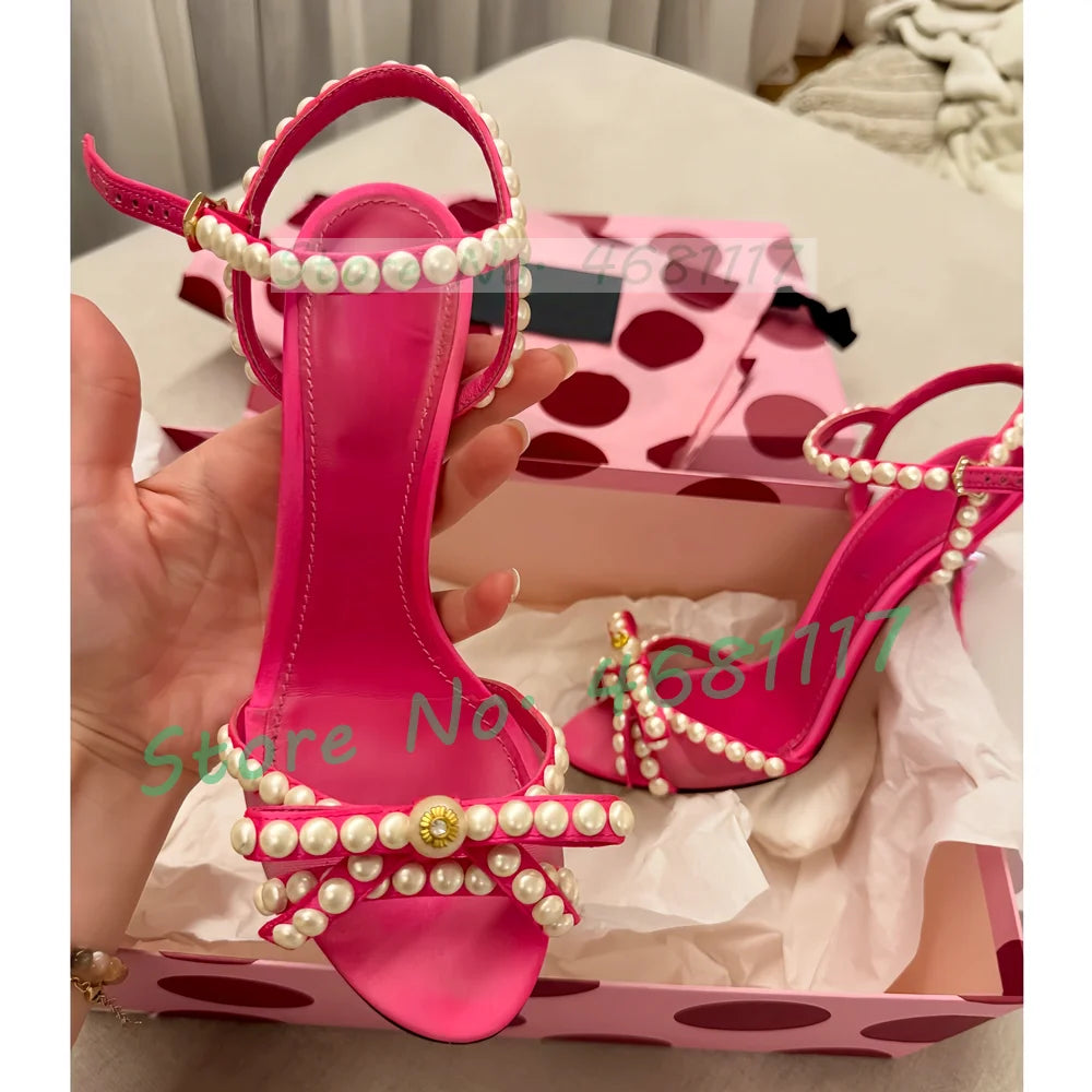 Pink Pearl Bow Satin Stiletto Sandals