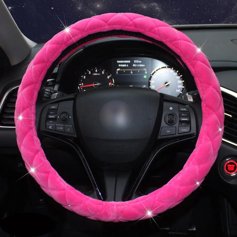 Pink Plush Diamond Crown Steering Wheel Cover
