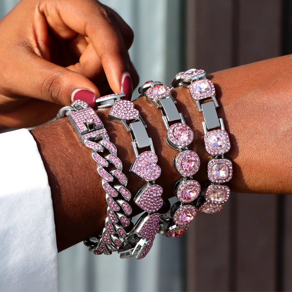 Pink Hip Hop Iced Out 4Pcs Cuban Bracelet Set